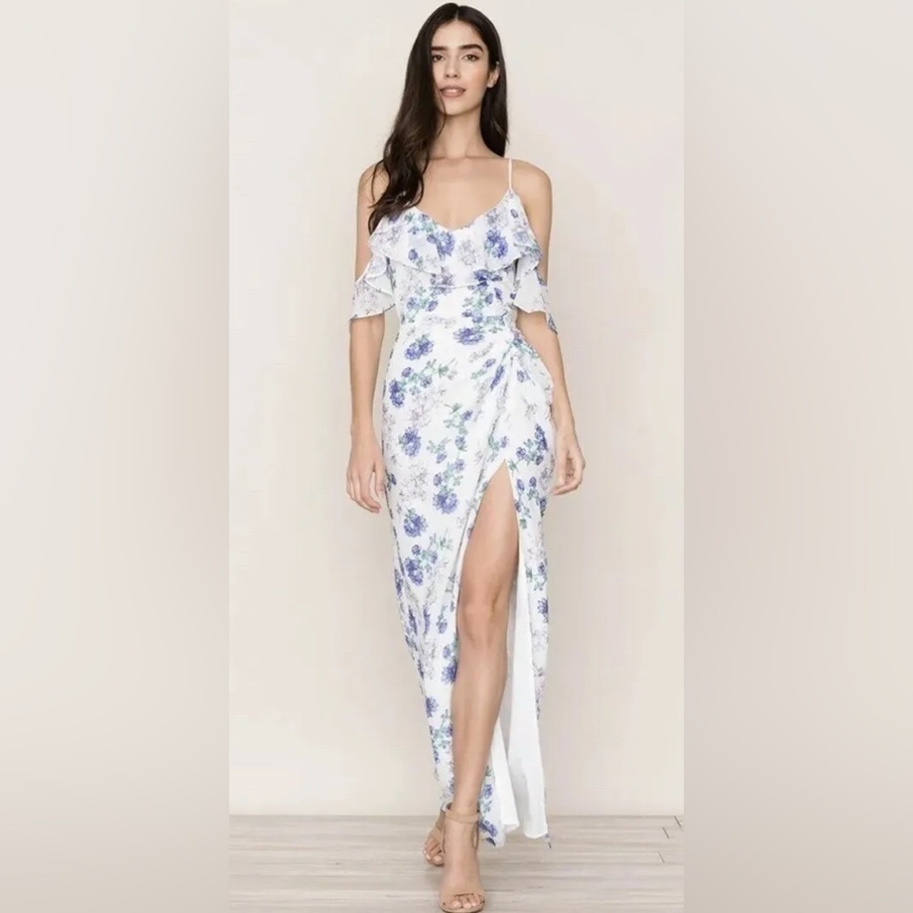 White & Blue Floral Ruffle Cold-Shoulder Maxi Dress